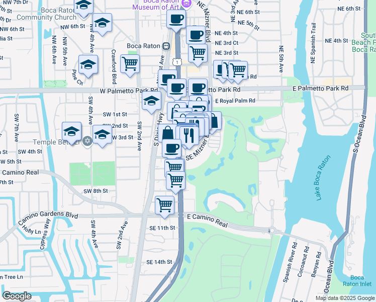 map of restaurants, bars, coffee shops, grocery stores, and more near 504 Via De Palmas in Boca Raton