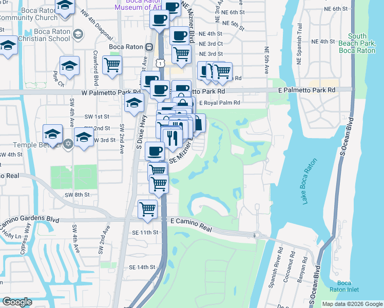 map of restaurants, bars, coffee shops, grocery stores, and more near 330 Southeast Mizner Boulevard in Boca Raton