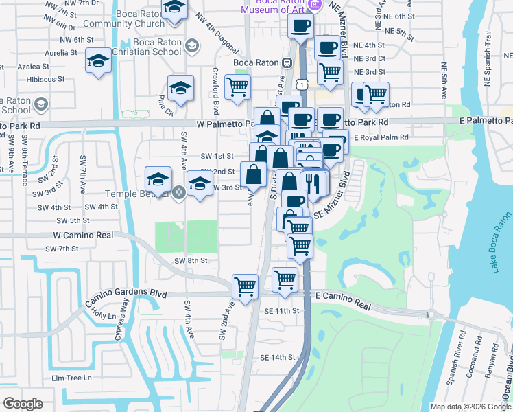 map of restaurants, bars, coffee shops, grocery stores, and more near 450 Southwest 2nd Avenue in Boca Raton