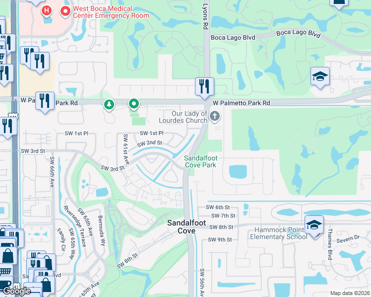 map of restaurants, bars, coffee shops, grocery stores, and more near 22227 Southwest 57th Avenue in Boca Raton