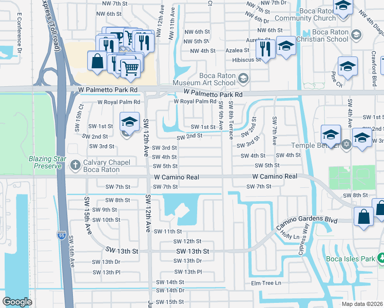 map of restaurants, bars, coffee shops, grocery stores, and more near 1054 Southwest 3rd Street in Boca Raton