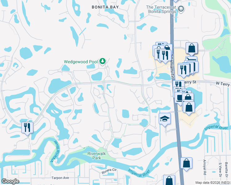map of restaurants, bars, coffee shops, grocery stores, and more near 27131 Oakwood Lake Drive in Bonita Springs