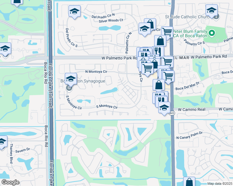 map of restaurants, bars, coffee shops, grocery stores, and more near 22295 Guadeloupe Street in Boca Raton