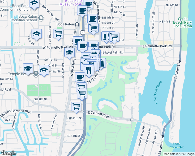 map of restaurants, bars, coffee shops, grocery stores, and more near 330 Southeast Mizner Boulevard in Boca Raton
