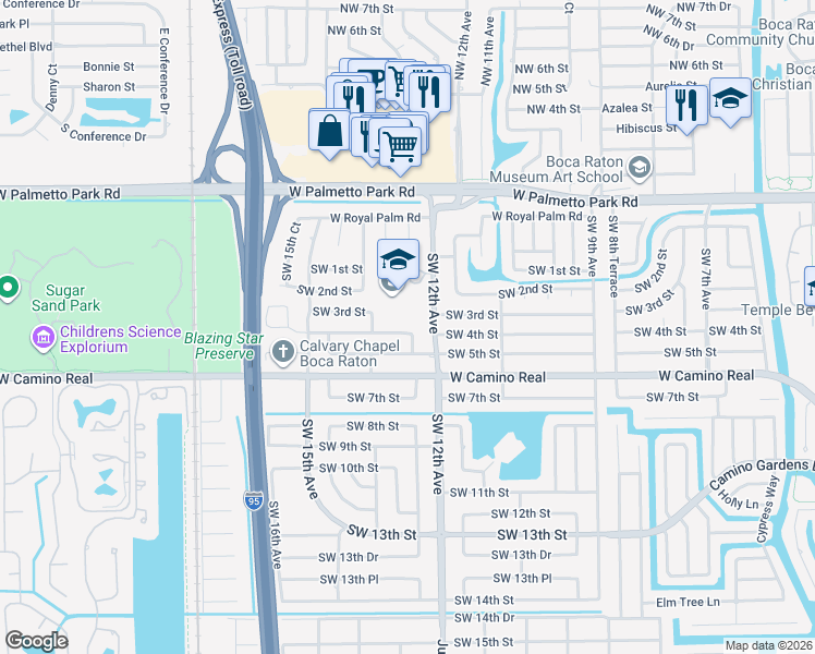 map of restaurants, bars, coffee shops, grocery stores, and more near 1231 Southwest 4th Street in Boca Raton