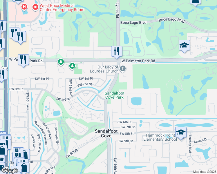 map of restaurants, bars, coffee shops, grocery stores, and more near 22227 Southwest 57th Avenue in Boca Raton