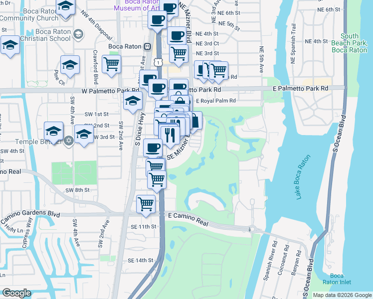 map of restaurants, bars, coffee shops, grocery stores, and more near 330 Southeast Mizner Boulevard in Boca Raton