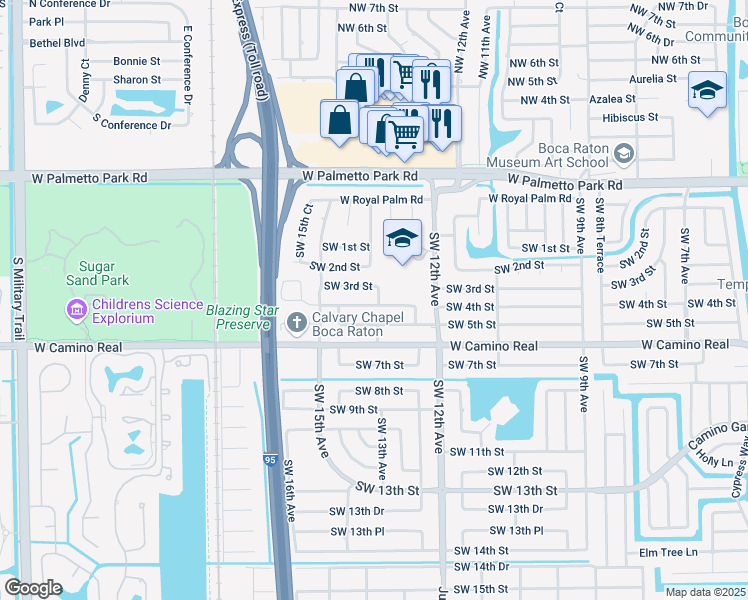 map of restaurants, bars, coffee shops, grocery stores, and more near 1301 Southwest 4th Street in Boca Raton