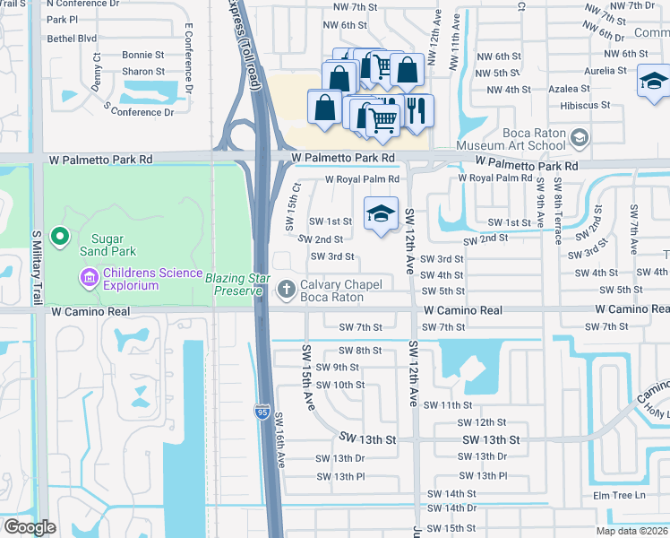 map of restaurants, bars, coffee shops, grocery stores, and more near 1399 Southwest 4th Street in Boca Raton