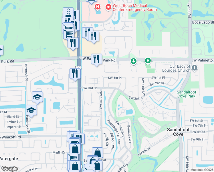 map of restaurants, bars, coffee shops, grocery stores, and more near 22217 Southwest 65th Way in Boca Raton