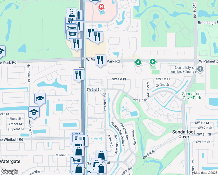 map of restaurants, bars, coffee shops, grocery stores, and more near 22217 Southwest 65th Way in Boca Raton