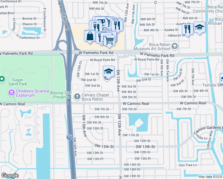 map of restaurants, bars, coffee shops, grocery stores, and more near 1231 Southwest 4th Street in Boca Raton