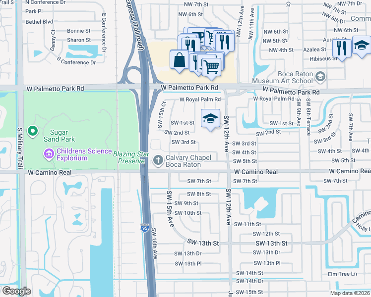 map of restaurants, bars, coffee shops, grocery stores, and more near 1399 Southwest 4th Street in Boca Raton