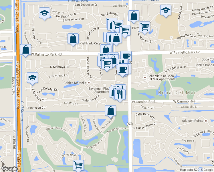map of restaurants, bars, coffee shops, grocery stores, and more near 6632 Thornhill Court in Boca Raton