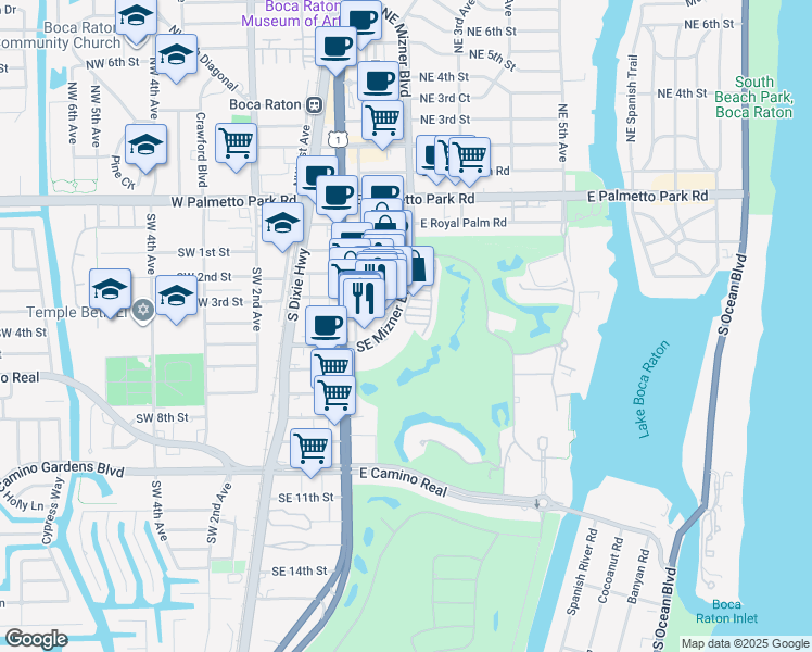 map of restaurants, bars, coffee shops, grocery stores, and more near 330 Southeast Mizner Boulevard in Boca Raton
