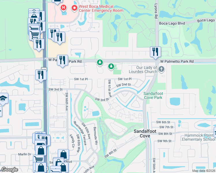 map of restaurants, bars, coffee shops, grocery stores, and more near 22207 Southwest 62nd Avenue in Boca Raton