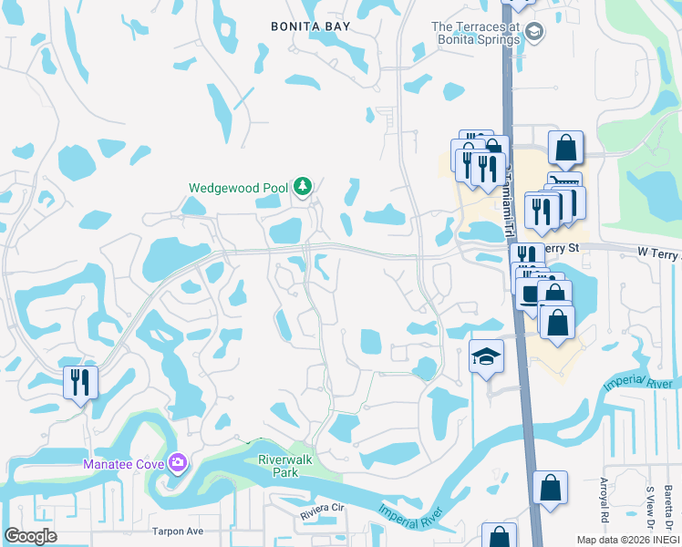 map of restaurants, bars, coffee shops, grocery stores, and more near 27038 Oakwood Lake Drive in Bonita Springs