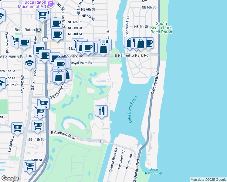map of restaurants, bars, coffee shops, grocery stores, and more near 300 Southeast 5th Avenue in Boca Raton