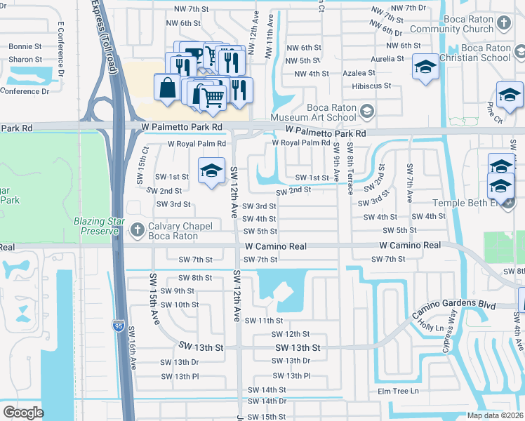 map of restaurants, bars, coffee shops, grocery stores, and more near 1122 Southwest 3rd Street in Boca Raton