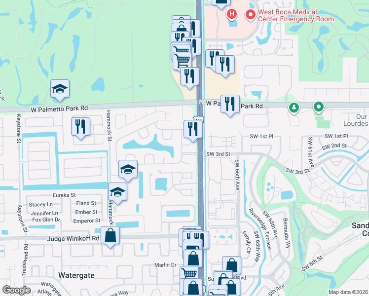 map of restaurants, bars, coffee shops, grocery stores, and more near 10021 Umberland Place in Boca Raton