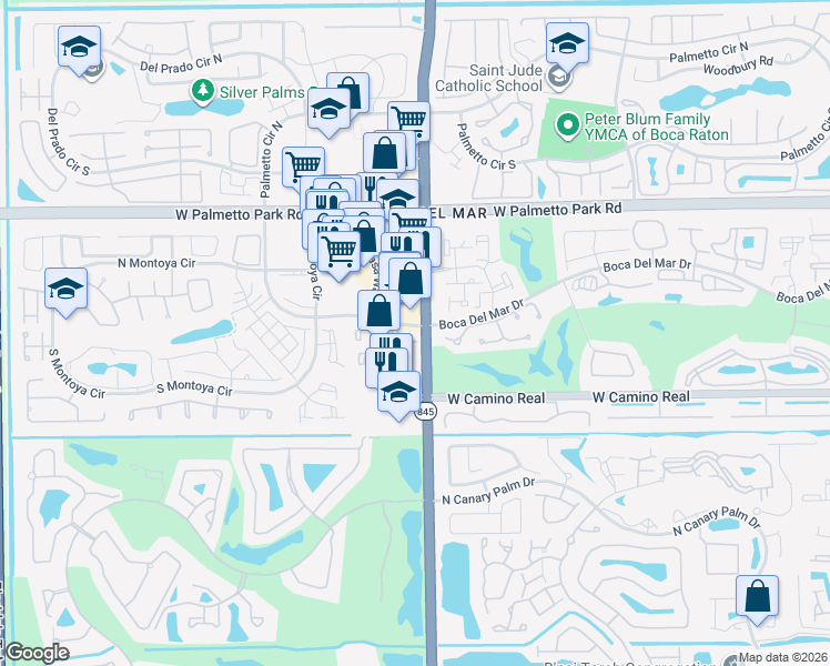 map of restaurants, bars, coffee shops, grocery stores, and more near 22288 Pineapple Walk Drive in Boca Raton
