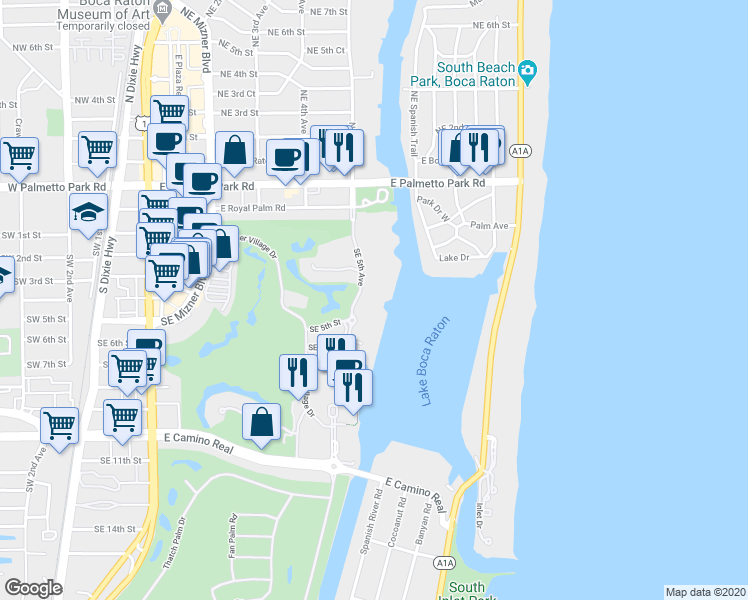 map of restaurants, bars, coffee shops, grocery stores, and more near 300 Southeast 5th Avenue in Boca Raton