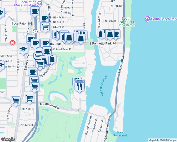 map of restaurants, bars, coffee shops, grocery stores, and more near 300 Southeast 5th Avenue in Boca Raton
