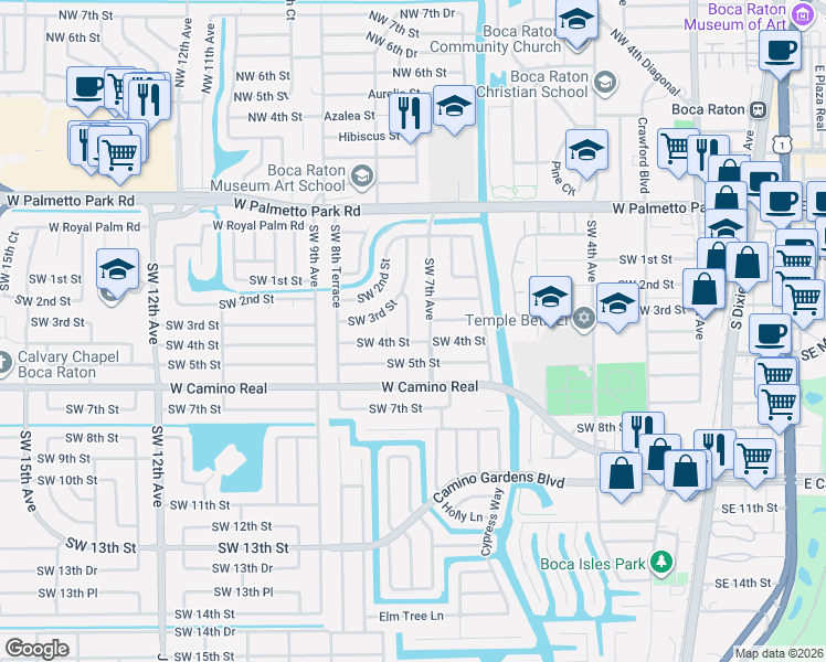 map of restaurants, bars, coffee shops, grocery stores, and more near 425 Southwest 7th Terrace in Boca Raton