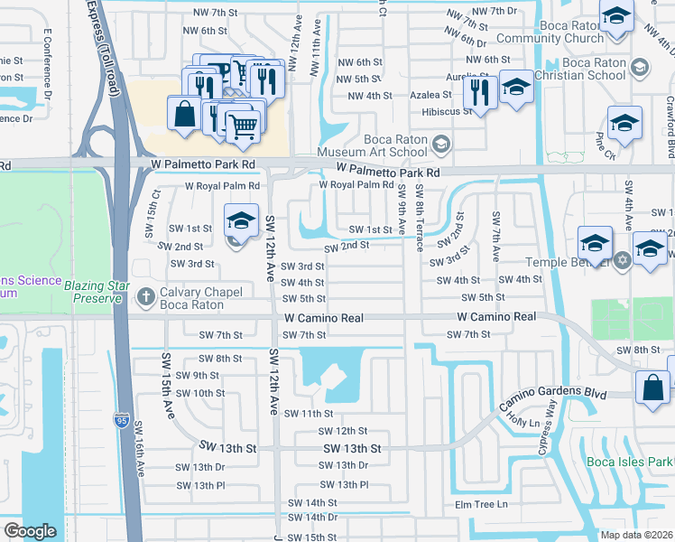 map of restaurants, bars, coffee shops, grocery stores, and more near 1054 Southwest 3rd Street in Boca Raton