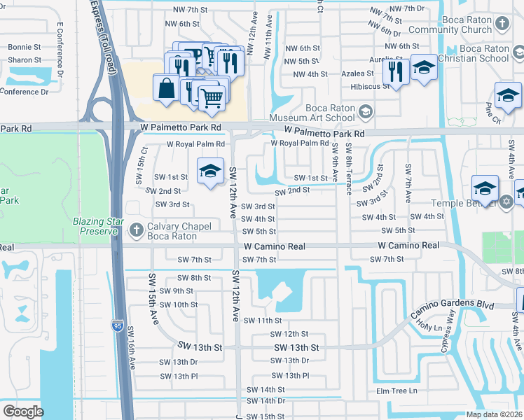 map of restaurants, bars, coffee shops, grocery stores, and more near 1122 Southwest 3rd Street in Boca Raton