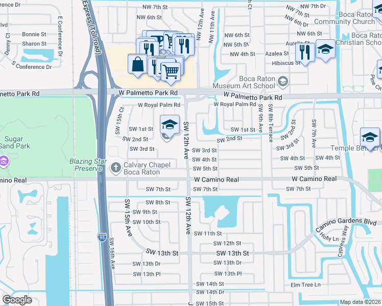 map of restaurants, bars, coffee shops, grocery stores, and more near 1188 Southwest 3rd Street in Boca Raton