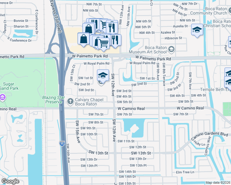 map of restaurants, bars, coffee shops, grocery stores, and more near 1188 Southwest 3rd Street in Boca Raton