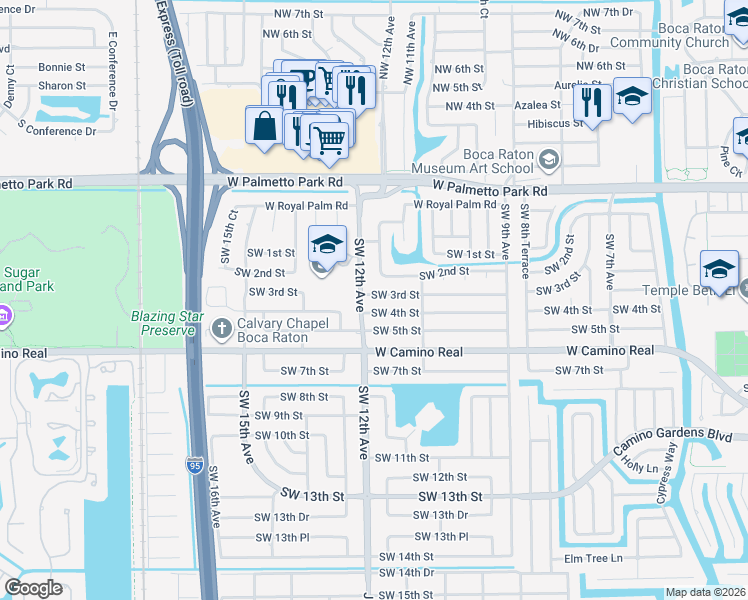 map of restaurants, bars, coffee shops, grocery stores, and more near 1188 Southwest 3rd Street in Boca Raton