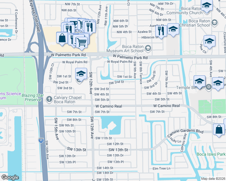 map of restaurants, bars, coffee shops, grocery stores, and more near 1054 Southwest 3rd Street in Boca Raton