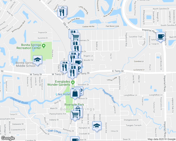 map of restaurants, bars, coffee shops, grocery stores, and more near 10621 East Terry Street in Bonita Springs