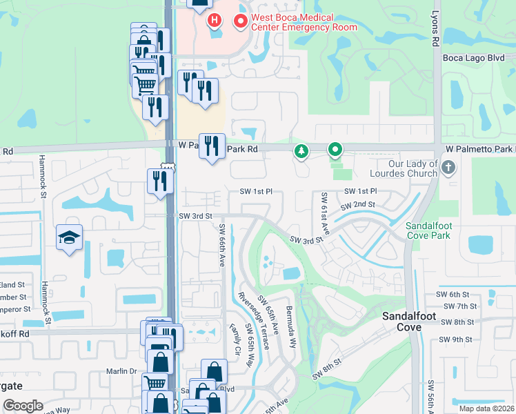 map of restaurants, bars, coffee shops, grocery stores, and more near 22227 Southwest 64th Terrace in Boca Raton