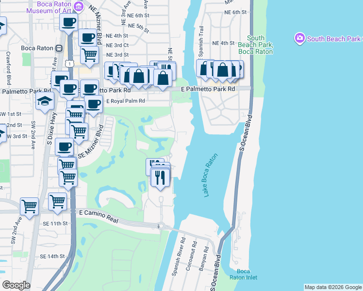 map of restaurants, bars, coffee shops, grocery stores, and more near 300 Southeast 5th Avenue in Boca Raton