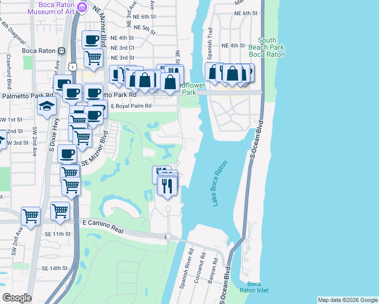 map of restaurants, bars, coffee shops, grocery stores, and more near 300 Southeast 5th Avenue in Boca Raton