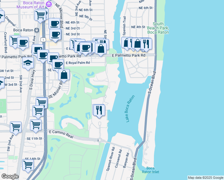 map of restaurants, bars, coffee shops, grocery stores, and more near 300 Southeast 5th Avenue in Boca Raton