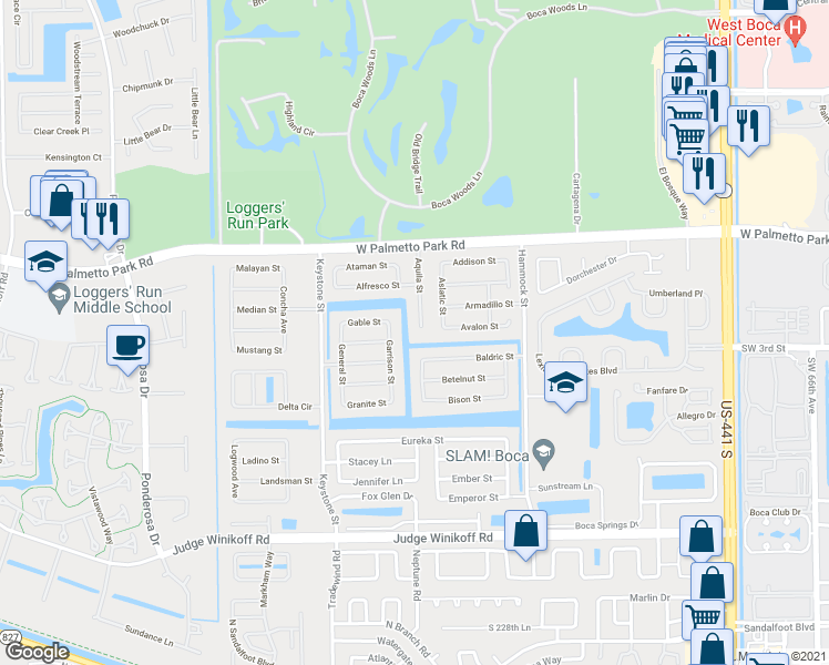 map of restaurants, bars, coffee shops, grocery stores, and more near 22199 Aquila Street in Boca Raton