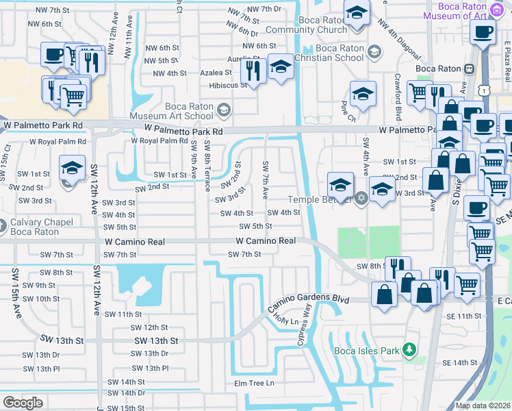 map of restaurants, bars, coffee shops, grocery stores, and more near 425 Southwest 7th Terrace in Boca Raton