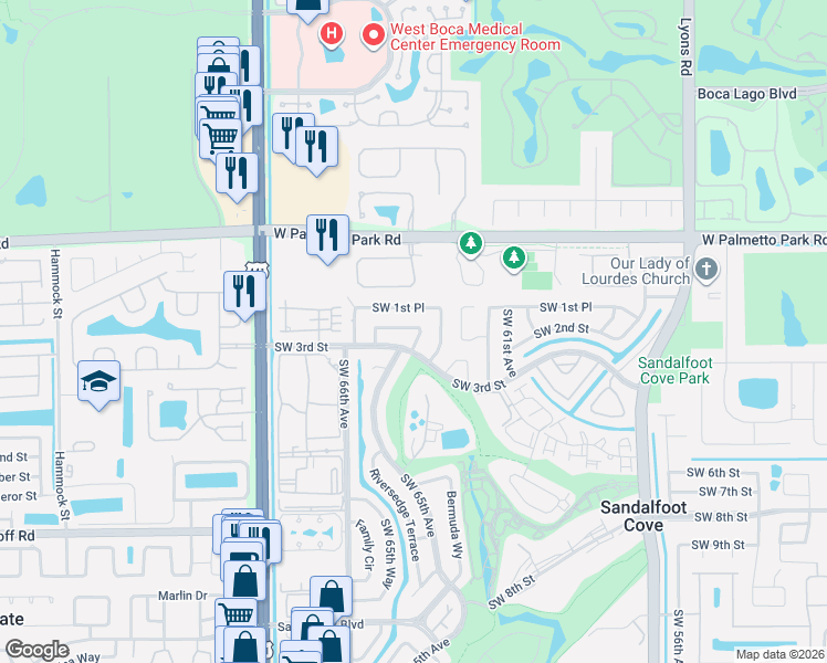 map of restaurants, bars, coffee shops, grocery stores, and more near 22227 Southwest 64th Terrace in Boca Raton
