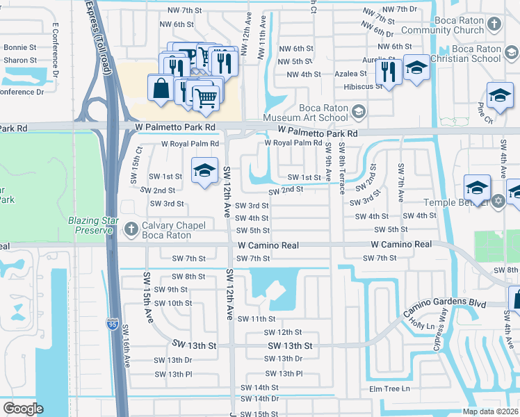 map of restaurants, bars, coffee shops, grocery stores, and more near 1122 Southwest 3rd Street in Boca Raton