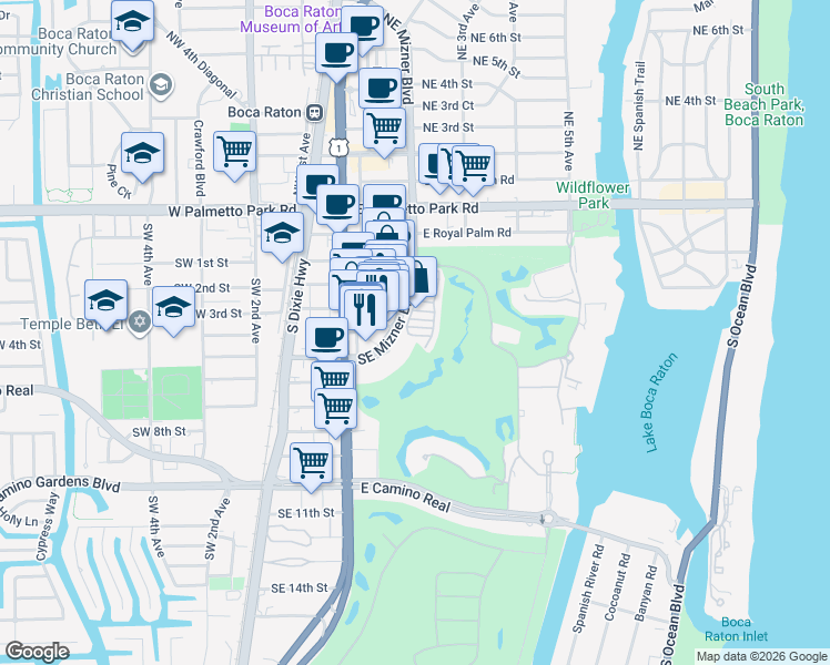 map of restaurants, bars, coffee shops, grocery stores, and more near 330 Southeast Mizner Boulevard in Boca Raton