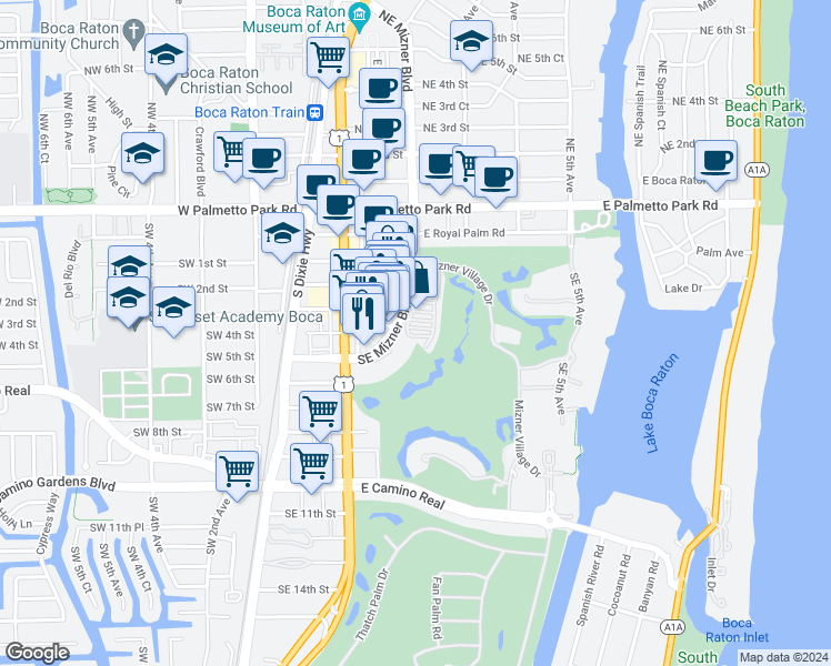map of restaurants, bars, coffee shops, grocery stores, and more near 330 Southeast Mizner Boulevard in Boca Raton