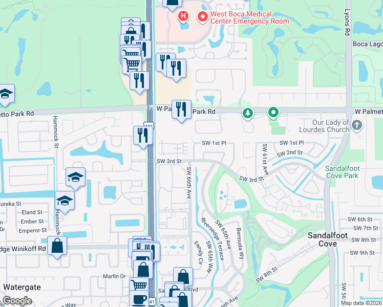 map of restaurants, bars, coffee shops, grocery stores, and more near 22246 Boca Rancho Drive in Boca Raton