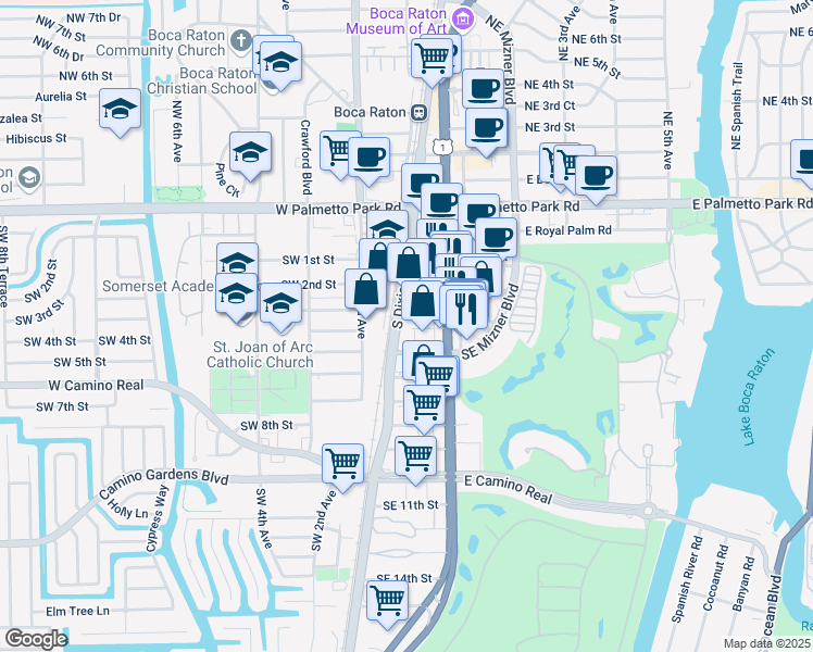 map of restaurants, bars, coffee shops, grocery stores, and more near 400 South Dixie Highway in Boca Raton