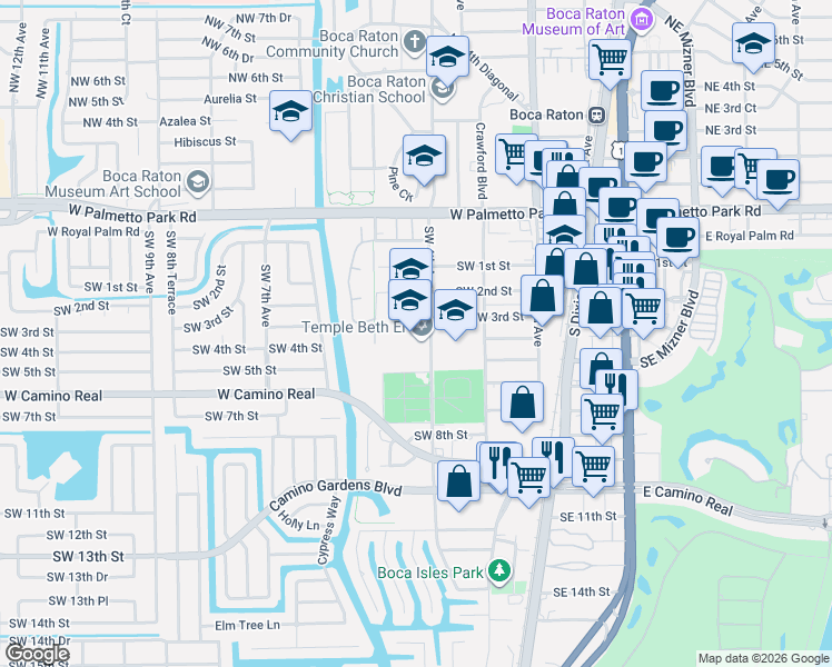 map of restaurants, bars, coffee shops, grocery stores, and more near 333 Southwest 4th Avenue in Boca Raton