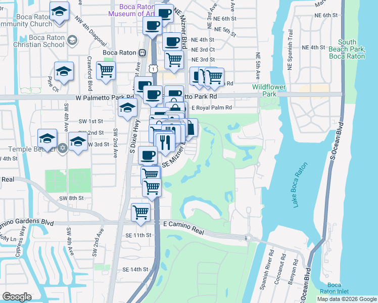 map of restaurants, bars, coffee shops, grocery stores, and more near 330 Southeast Mizner Boulevard in Boca Raton