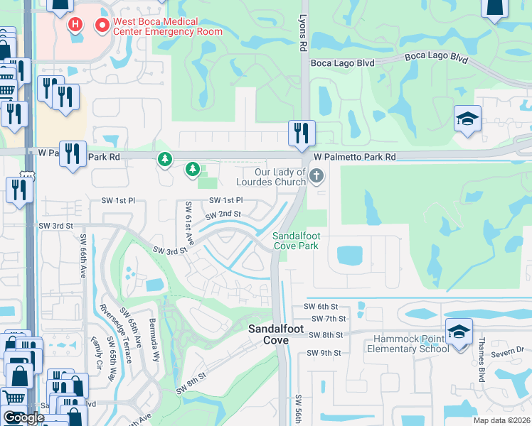 map of restaurants, bars, coffee shops, grocery stores, and more near 22227 Southwest 57th Avenue in Boca Raton